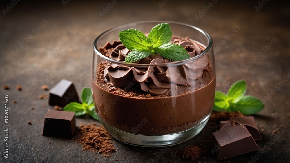 A rich chocolate mousse topped with whipped cream and mint leaves in a glass. A rich chocolate mousse topped with whipped cream and mint leaves in a glass.