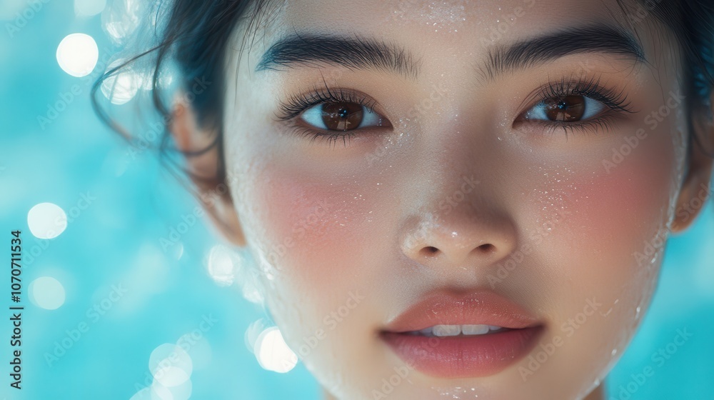 A gorgeous Thai beauty with brown eyes, radiant skin, and a joyful smile, illuminated against a soft blue background, perfect for beauty or skincare copy. A gorgeous Thai beauty with brown eyes, radiant skin, and a joyful smile, illuminated against a soft blue background, perfect for beauty or skincare copy.