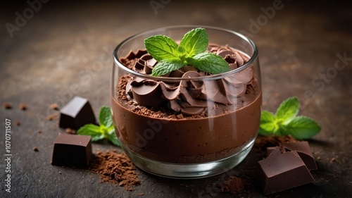 A rich chocolate mousse topped with whipped cream and mint leaves in a glass.