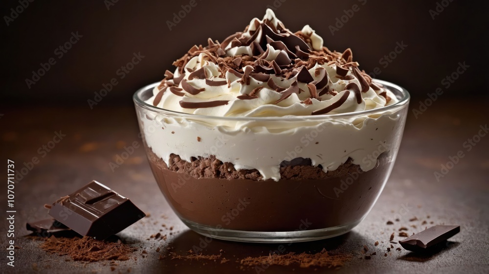 A delicious dessert featuring layers of chocolate mousse, whipped cream, and chocolate shavings. A delicious dessert featuring layers of chocolate mousse, whipped cream, and chocolate shavings.