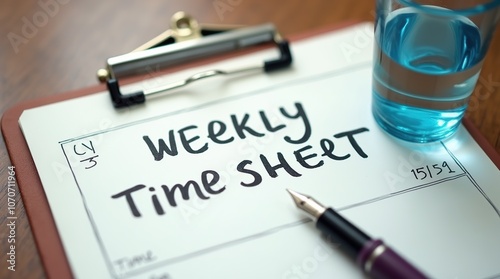 Weekly time sheet with pen and glass on table