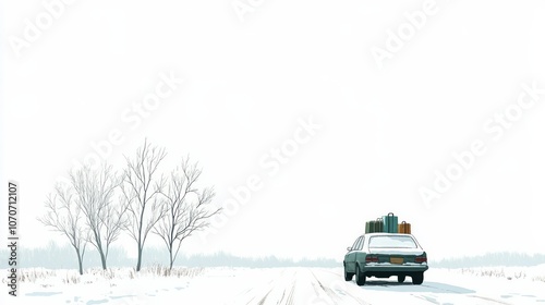 A car is driving on the road in winter. There are luggage on the car. There is a white background.