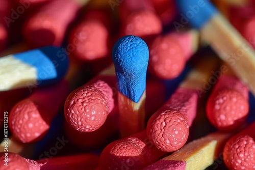 A single blue matchstick among red ones, depicting leadership, high contrast in primary colors photo