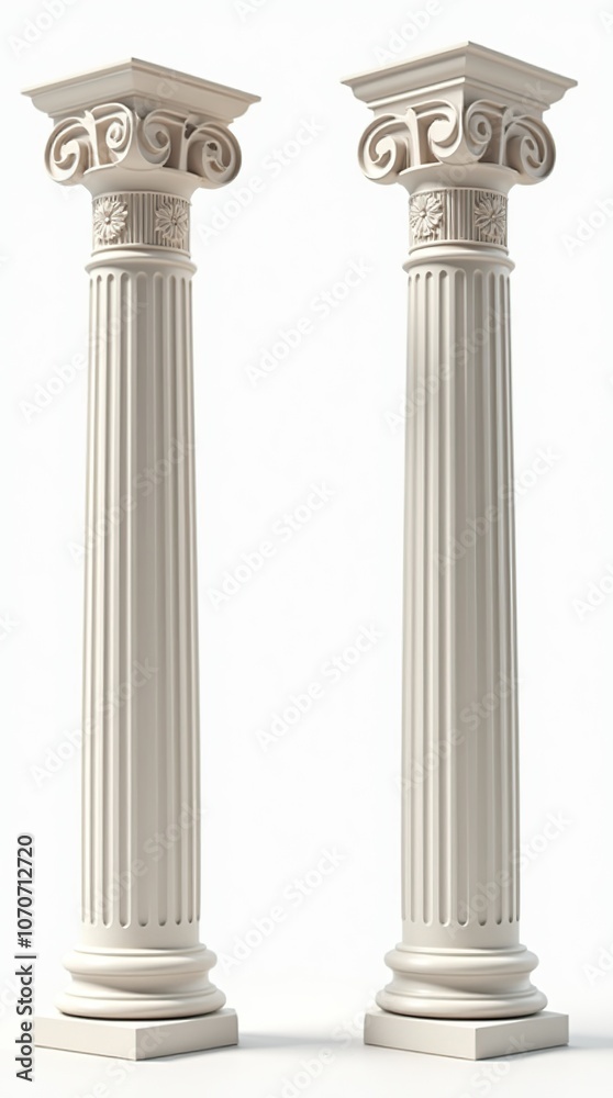 Elegant Greek columns with intricate capitals on white background Elegant Greek columns with intricate capitals on white background
