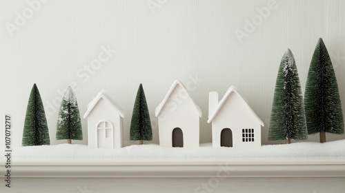 Snowy christmas village display on fireplace mantel for holiday decor inspiration photo