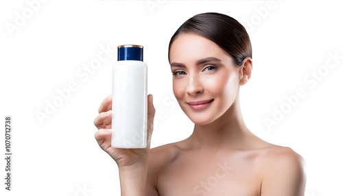 Smiling woman holding a cup of coffee, caring for her skin with beauty cream