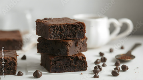 Dark chocolate espresso brownies, white and gray textured background. Baked