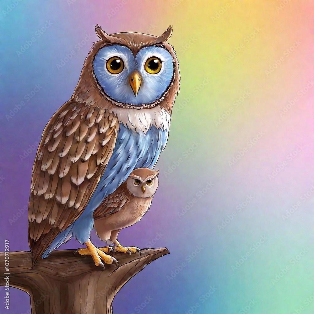Obraz premium cute colorful and fun illustration of a cute pregnant owl with a tiny small cute owl in her belly