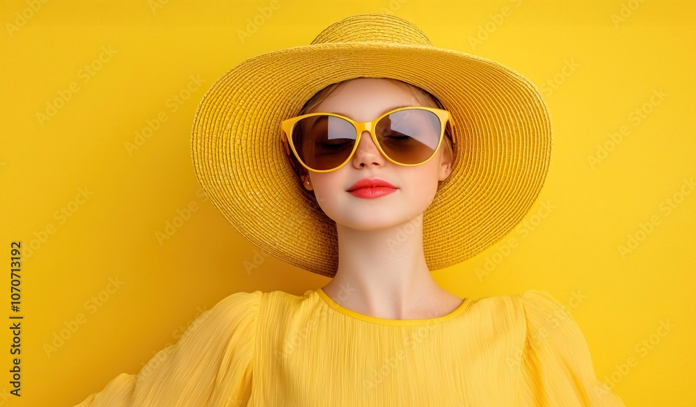 Young Woman in Sunglasses and Sun Hat Against Yellow Background Young Woman in Sunglasses and Sun Hat Against Yellow Background