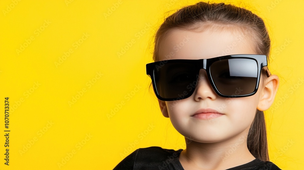 Confident Child in Sunglasses Against Yellow Background Confident Child in Sunglasses Against Yellow Background