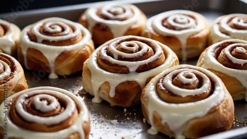 Freshly baked cinnamon rolls with creamy icing, perfect for dessert or breakfast.