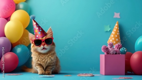 Cat in Party Hat Celebrating with Colorful Decorations photo