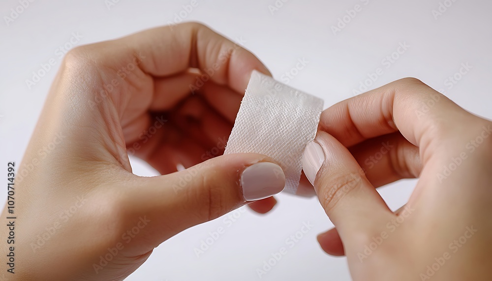 Woman applying a medical adhesive bandage against a white backdrop. Close-up to highlight first aid action. Woman applying a medical adhesive bandage against a white backdrop. Close-up to highlight first aid action.