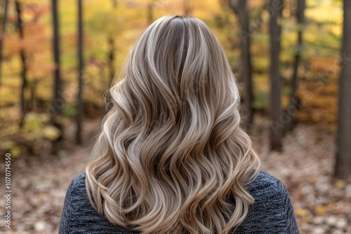 back-view of a woman with long, layered hair styled 