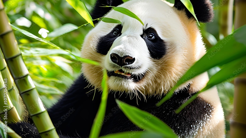 Fototapeta premium A panda eating bamboo in a tropical forest.