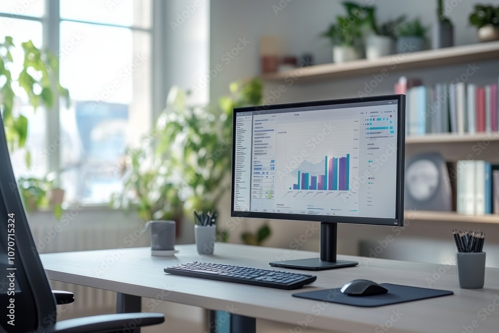 A modern workspace with a large desk featuring a desktop computer displaying data analytics.