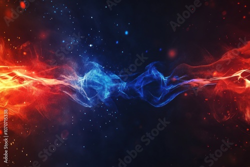 Abstract depiction of red and blue energy waves merging in space with small particles.