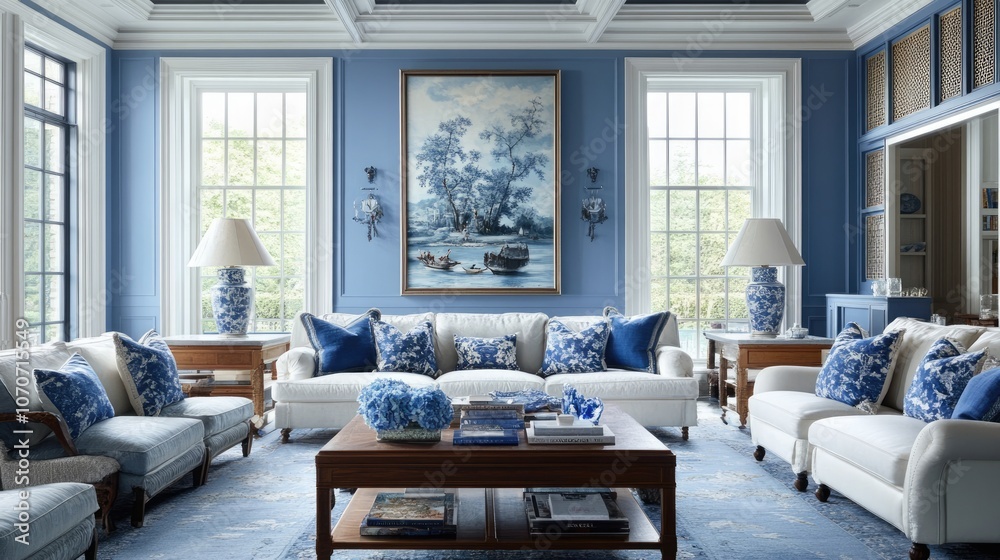 Blue and White Living Room with Chinoiserie Touches
