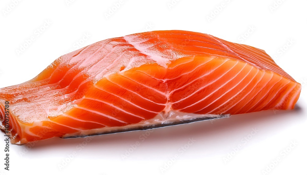 Raw salmon fillet, a vibrant red steak, ready for sushi or a gourmet meal Raw salmon fillet, a vibrant red steak, ready for sushi or a gourmet meal