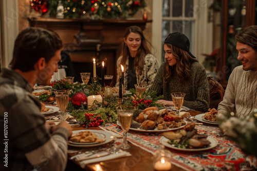 A group of friends gathers around a dinner table filled with delicious holiday dishes, festive decorations, and warm candlelight, creating a joyful atmosphere for the celebration