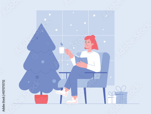 Happy woman relaxing in the armchair, reading a book and holding a hot beverage. Cozy winter vibe.