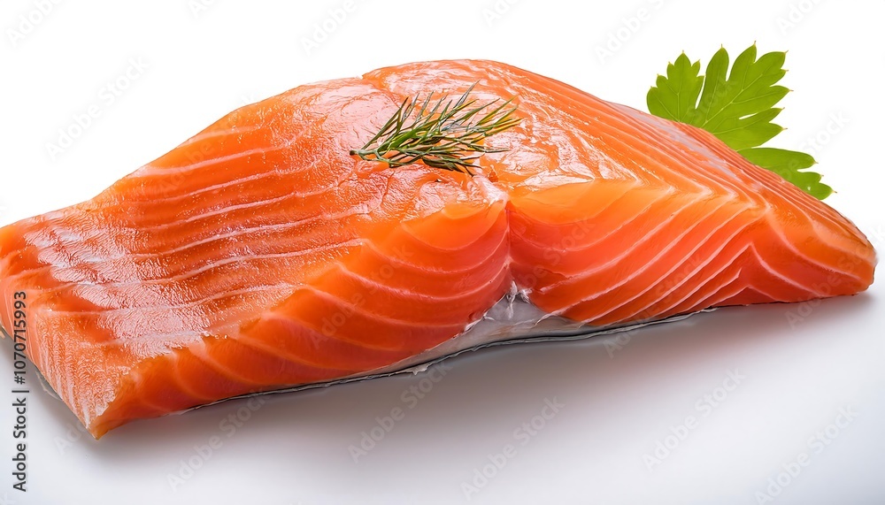 Raw salmon fillet, a vibrant red steak, ready for sushi or a gourmet meal Raw salmon fillet, a vibrant red steak, ready for sushi or a gourmet meal