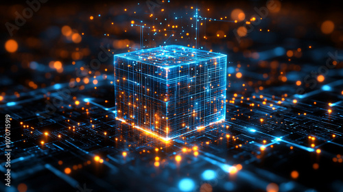 glowing cube with intricate data patterns and circuit lines floating against a dark background, symbolizing advanced technology, data processing, and the digital world