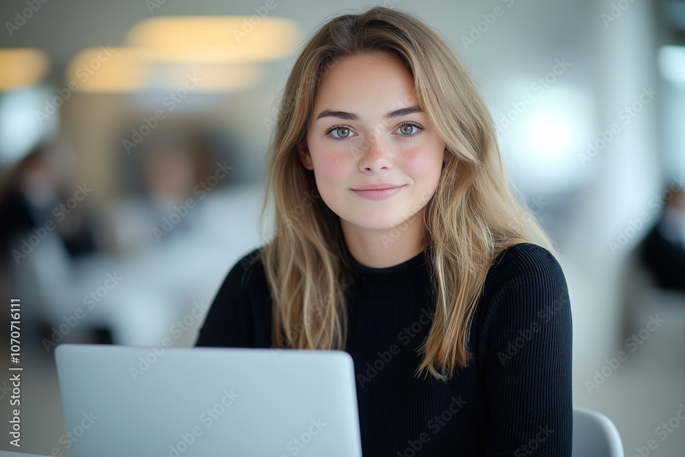 Woman with laptop in modern workspace Woman with laptop in modern workspace