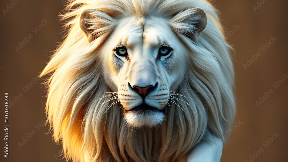Fototapeta premium Majestic White Lion Staring Intently Beautiful Eyes Captivating Mane Powerful Presence Wild Animal