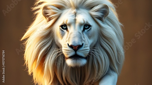 Majestic White Lion Staring Intently Beautiful Eyes Captivating Mane Powerful Presence Wild Animal photo