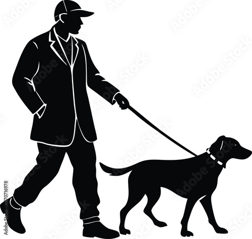 man walking with dog silhouette  vector illustration black and white