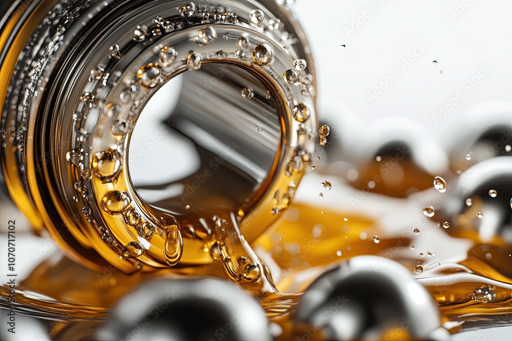 Oil ball bearings. Ball bearings close-up. Bearings isolated on white. Ball bearings 3d illustration. Pouring engine oil onto the ball bearing. Oil ball bearings. Ball bearings close-up. Bearings isolated on white. Ball bearings 3d illustration. Pouring engine oil onto the ball bearing.