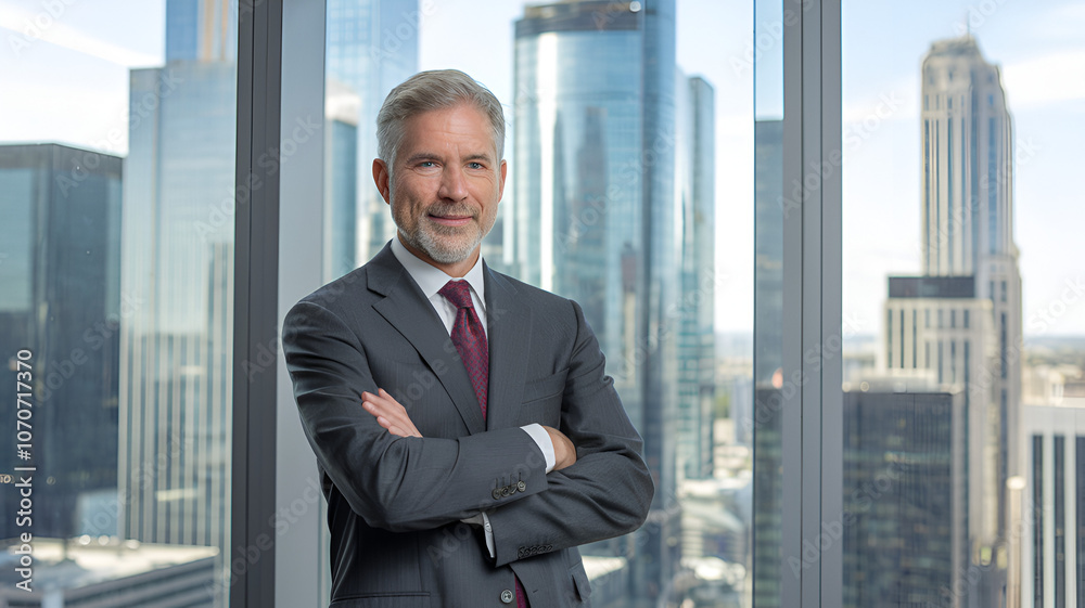 Professional man in a suit stands confidently with city skyline backdrop in a bright, modern office during daylight hours Professional man in a suit stands confidently with city skyline backdrop in a bright, modern office during daylight hours