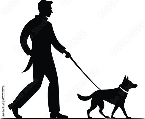 man walking with dog silhouette  vector illustration black and white