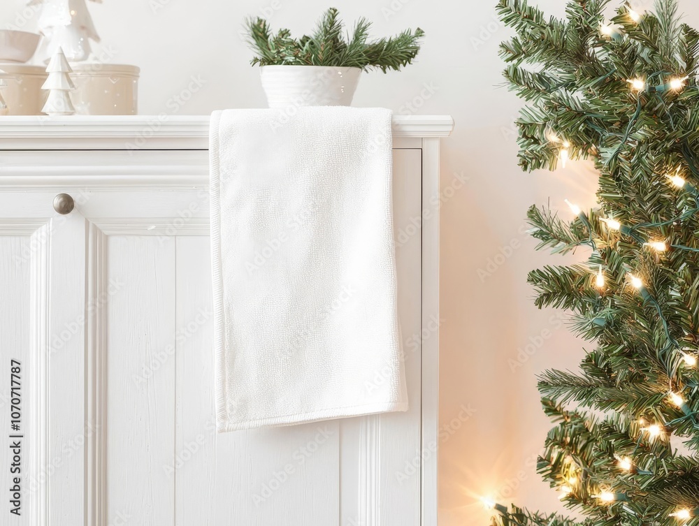 Blank kitchen towel, hanging from a cabinet door, with soft fairy lights and Christmas greenery framing the scene Blank kitchen towel, hanging from a cabinet door, with soft fairy lights and Christmas greenery framing the scene