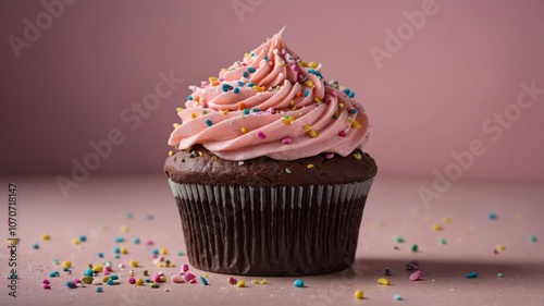A delicious chocolate cupcake topped with pink frosting and colorful sprinkles.