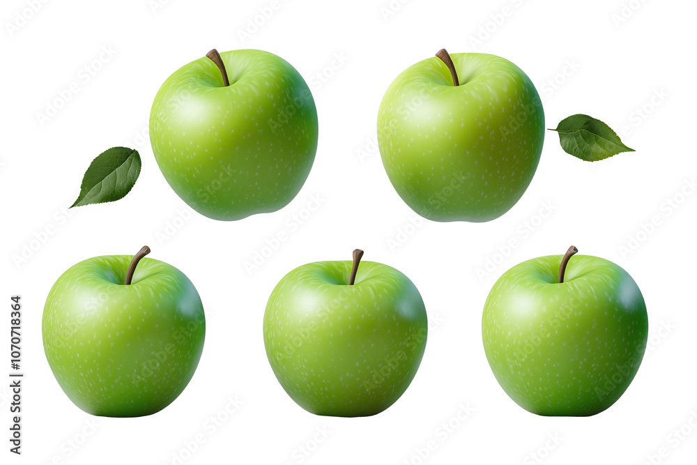 Set of green apples on a transparent background. 3D rendering of fresh apples. Set of green apples on a transparent background. 3D rendering of fresh apples.