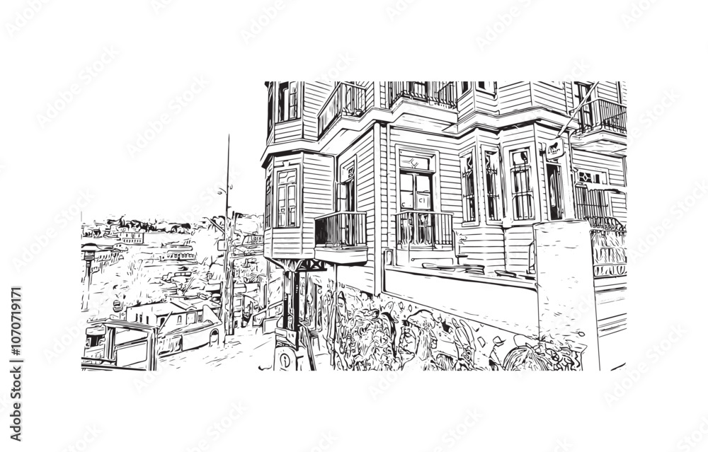 Print Building view with landmark of Valparaiso is a city in United States. Watercolor splash with hand drawn sketch illustration in vector.