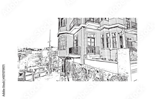 Obraz na płótnie Print Building view with landmark of Valparaiso is a city in United States. Watercolor splash with hand drawn sketch illustration in vector. w salonie