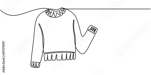 Hand knitted sweater in continuous line art drawing style. Ball of thread and pullover knitted garment. Sweater in continuous line art drawing style. Lopapeysa or Icelandic style sweater black linear.