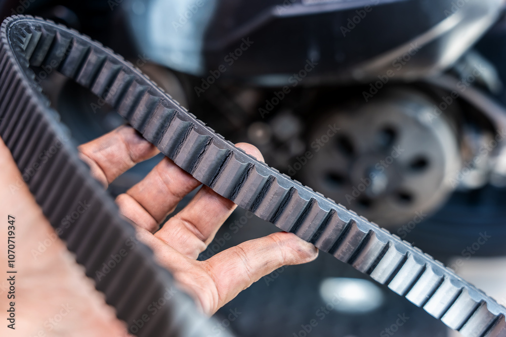 Motorcycle mechanic check the condition of motorcycle transmission belt or Drive belt ,working at garage, maintenance and repair motorcycle concept