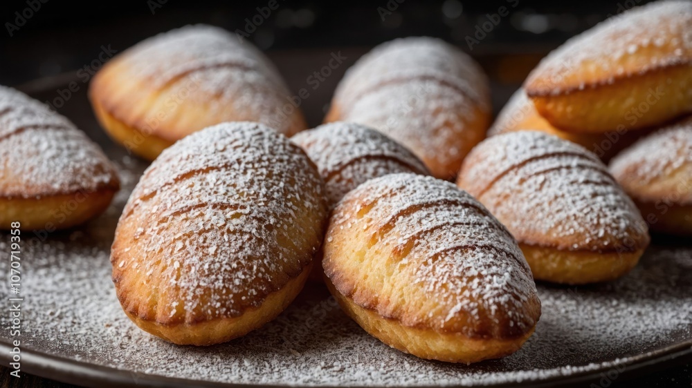 A plate of delicious, powdered sugar-dusted pastries resembling madeleines. A plate of delicious, powdered sugar-dusted pastries resembling madeleines.