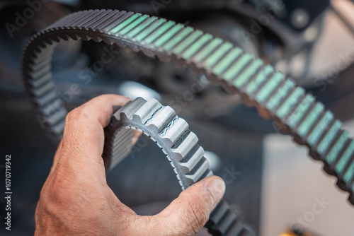  Motorcycle mechanic check the condition of motorcycle transmission belt or Drive belt ,working at garage, maintenance and repair motorcycle concept