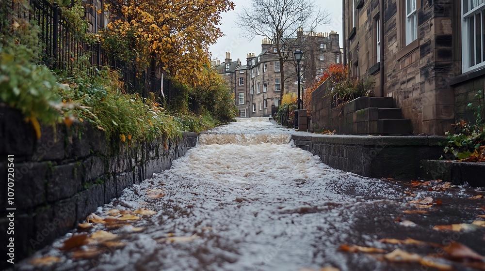 A tranquil street in Edinburgh experiences autumn rain leading to a picturesque flood of water cascading down the cobblestone road