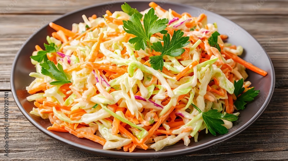 Fresh coleslaw on a plate, placed on rustic wooden table, minimal garnish with parsley, vibrant colors, closeup on creamy texture