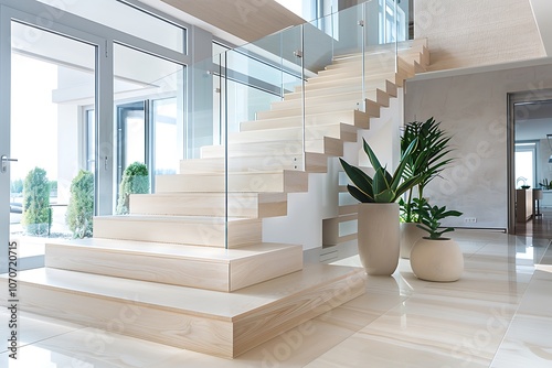 A contemporary staircase with wide steps made of light-colored wood, paired with a glass balustrade and metal handrail