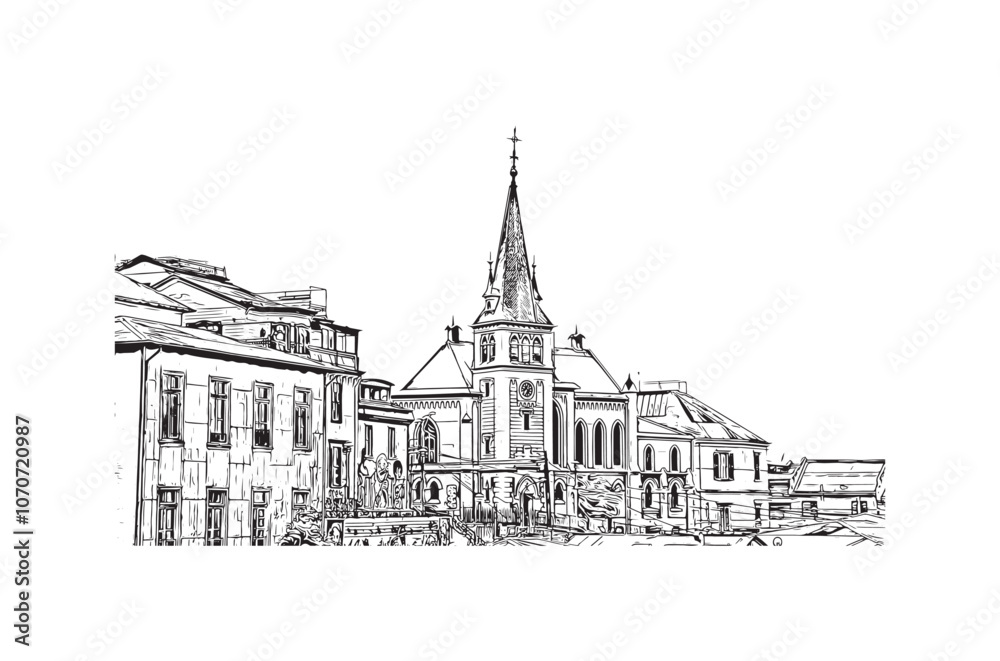 Print Building view with landmark of Valparaiso is a city in United States. Watercolor splash with hand drawn sketch illustration in vector.