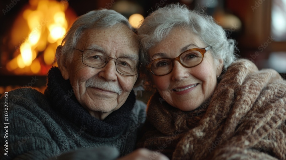 An elderly couple smiles lovingly while sitting close together in a warm setting. The glowing fireplace enhances the comforting atmosphere of their shared moment. An elderly couple smiles lovingly while sitting close together in a warm setting. The glowing fireplace enhances the comforting atmosphere of their shared moment.