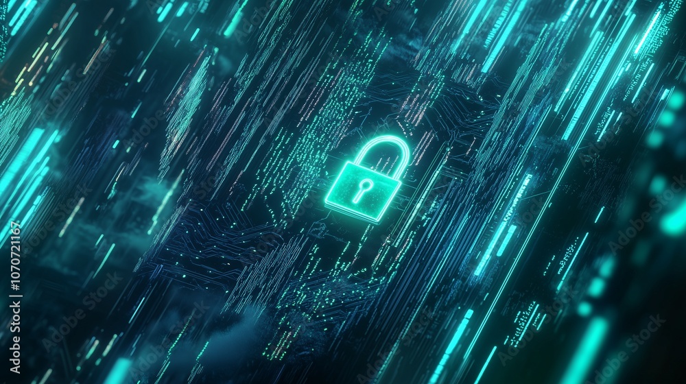Obraz premium Glowing Green Lock Symbol with Circuit Board Cyber Protection Concept, Cybersecurity, Encryption Concept