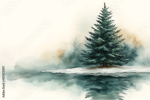 A serene winter landscape with a lone pine tree on a snowy shore reflected in a misty lake.